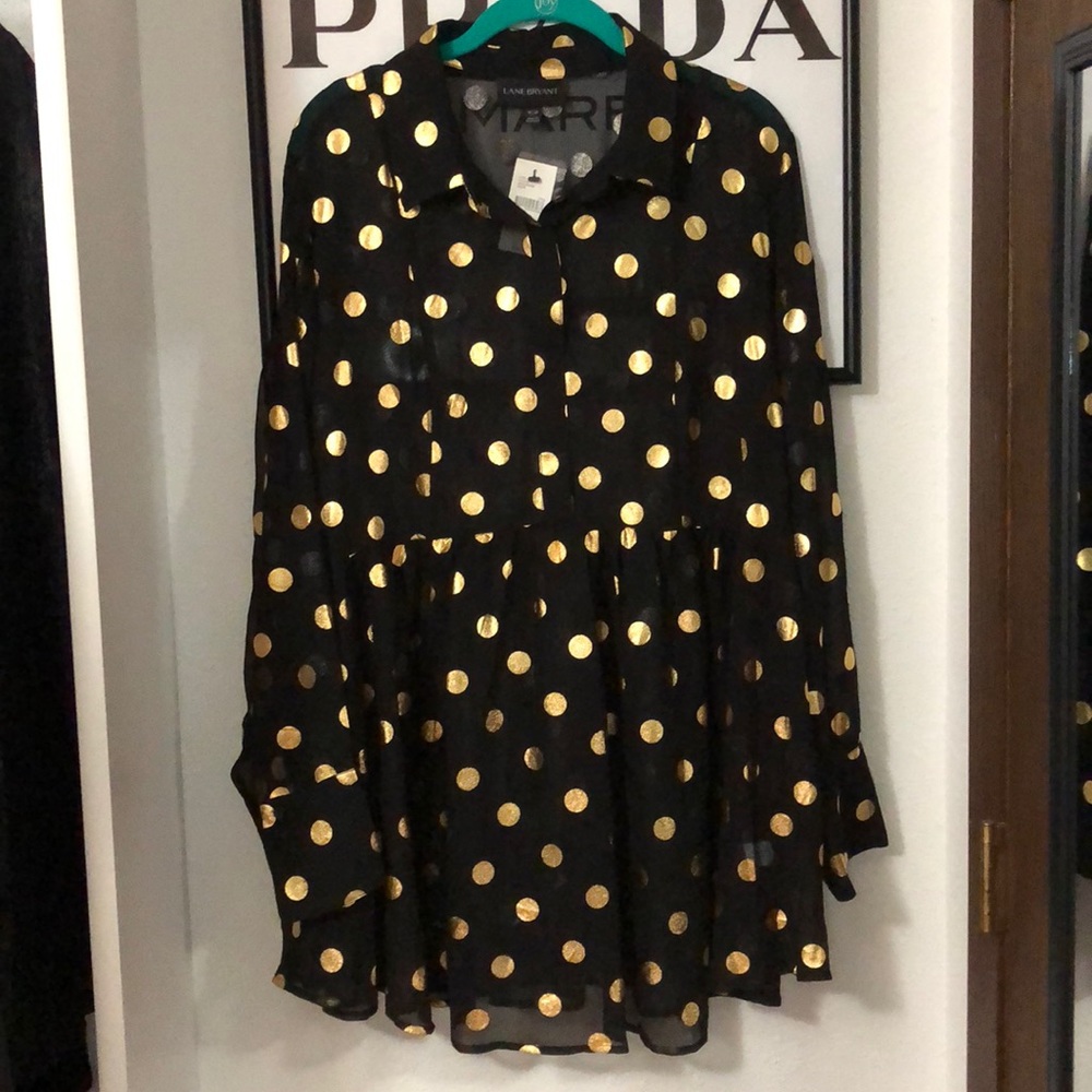 Lane Bryant Sheer Black and Gold Polka Dot Blouse